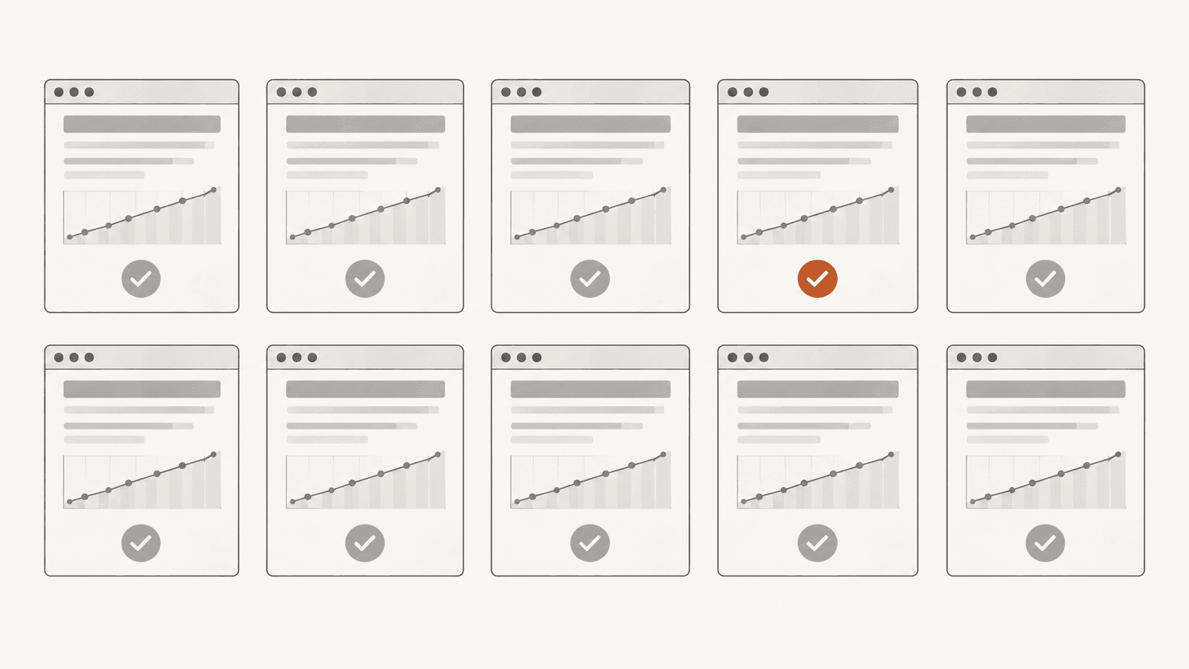 A grid of ten browser windows showing case study pages with identical layouts, headings and success ticks, indistinguishable from one another.