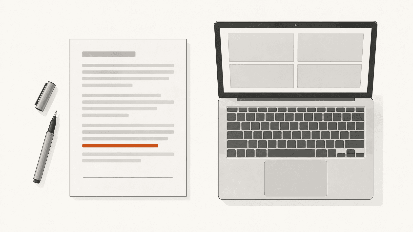 A scope document beside a laptop showing an empty video call grid. One clause in the document is underlined and marked, positioned above the unsigned signature line.