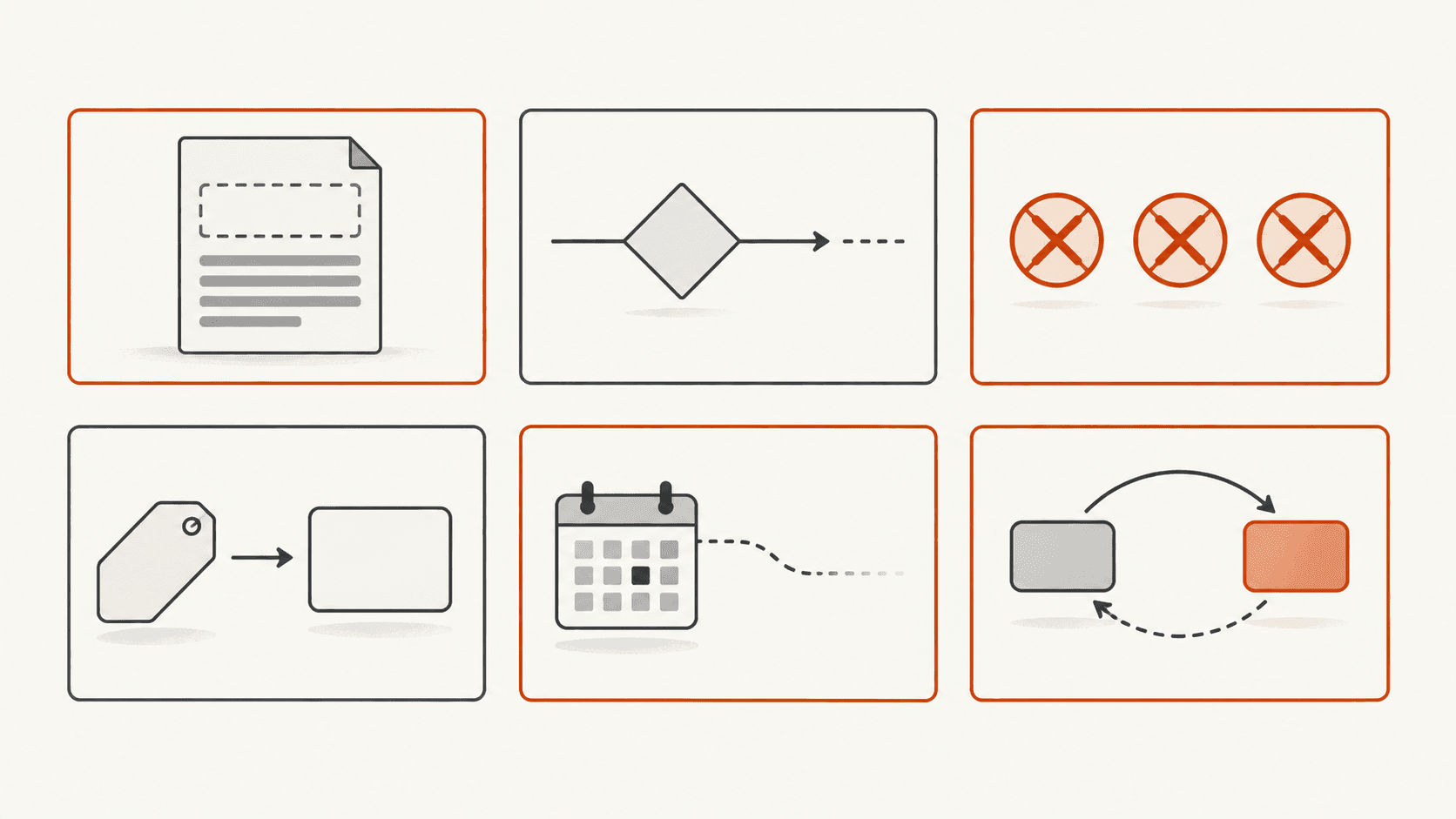Six signal cards in a grid: a missing problem statement, an unowned decision, a repeated blame pattern, a price asked before the problem, a date with no source, and rescheduled meetings.