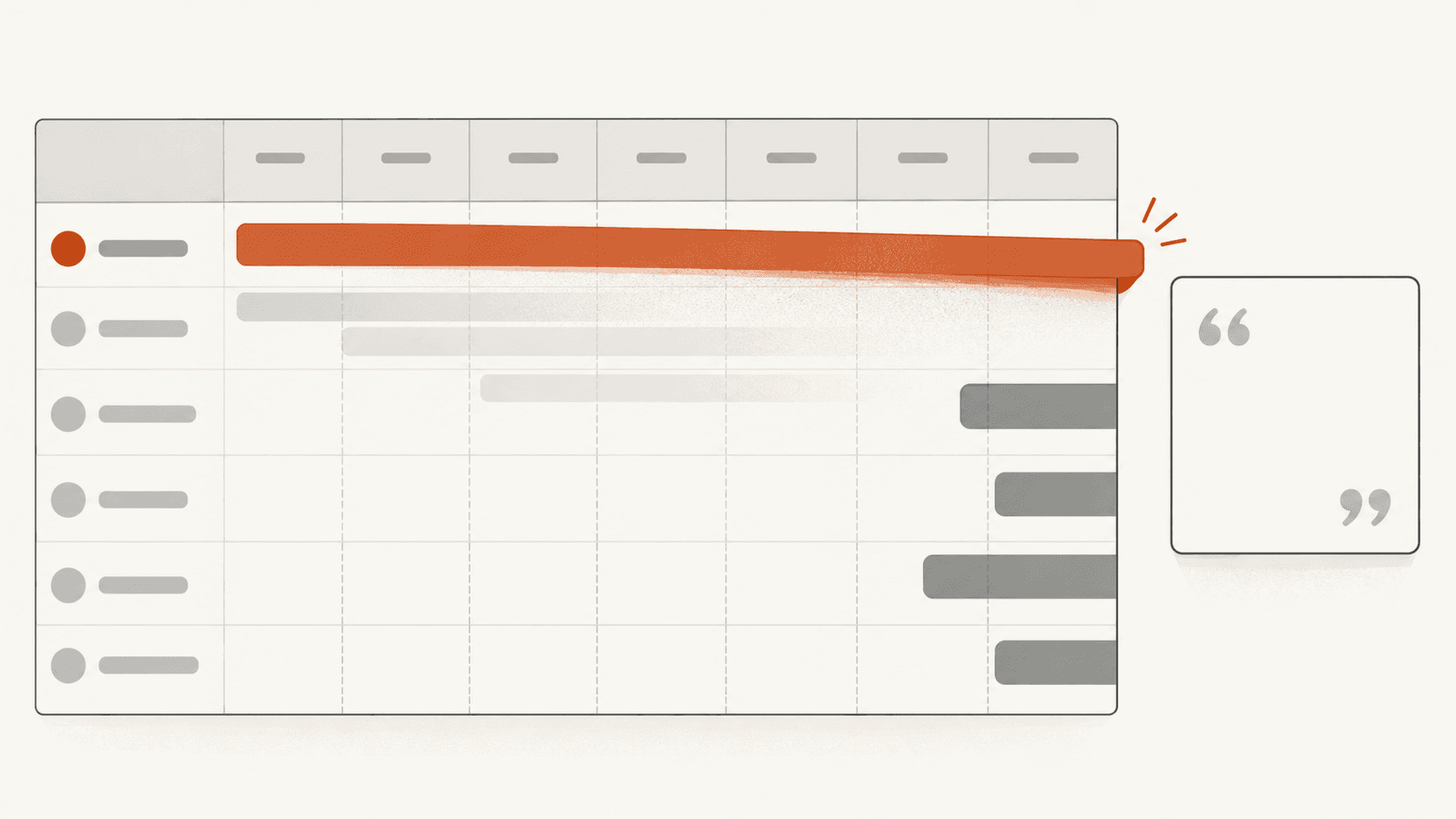 A quarter planner where one engagement block has overrun across many weeks, pushing three other opportunity blocks off the edge, with an empty reference card beside it.