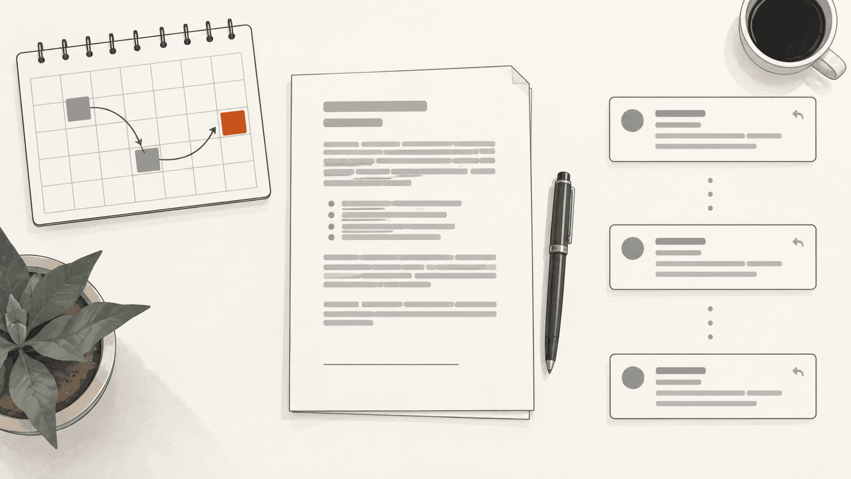 A desk with an unsigned proposal, a calendar showing two rescheduled meetings and one firm date, and an email thread with long unanswered gaps.
