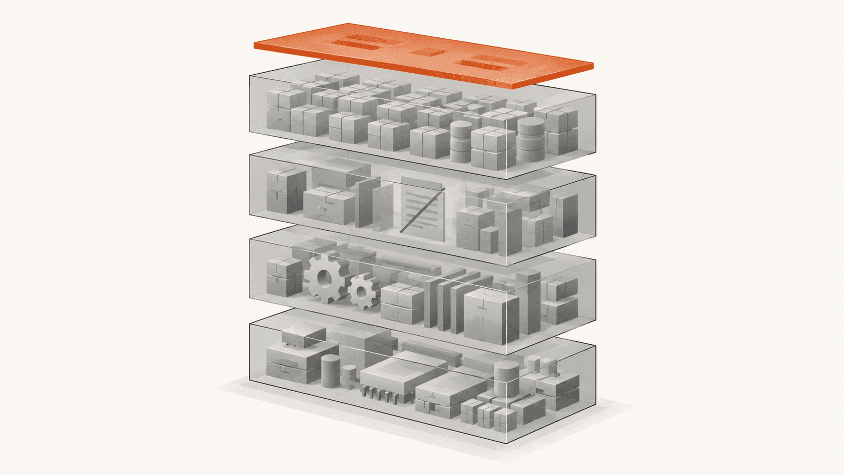 A stack of image layers seen from the side, with a huge base and build layers below and a thin application layer on top, and a deleted file still present inside a lower layer.
