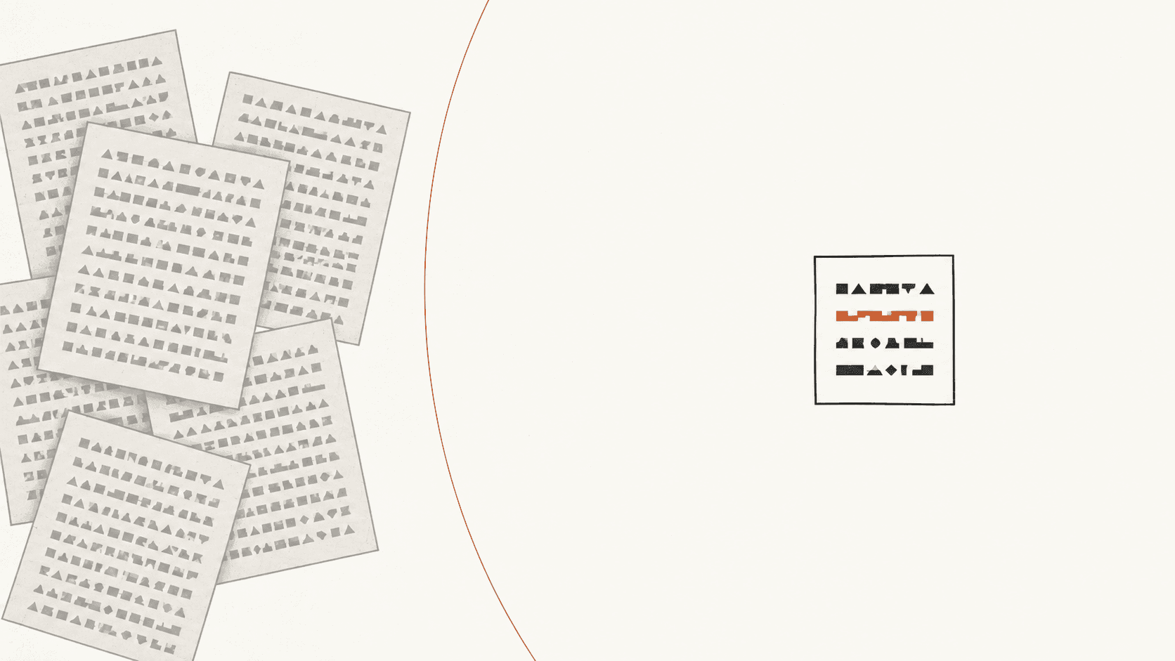 Six densely filled note pages beside a single page holding four short lines, with the four-line page rendered solid and the six pages faded.