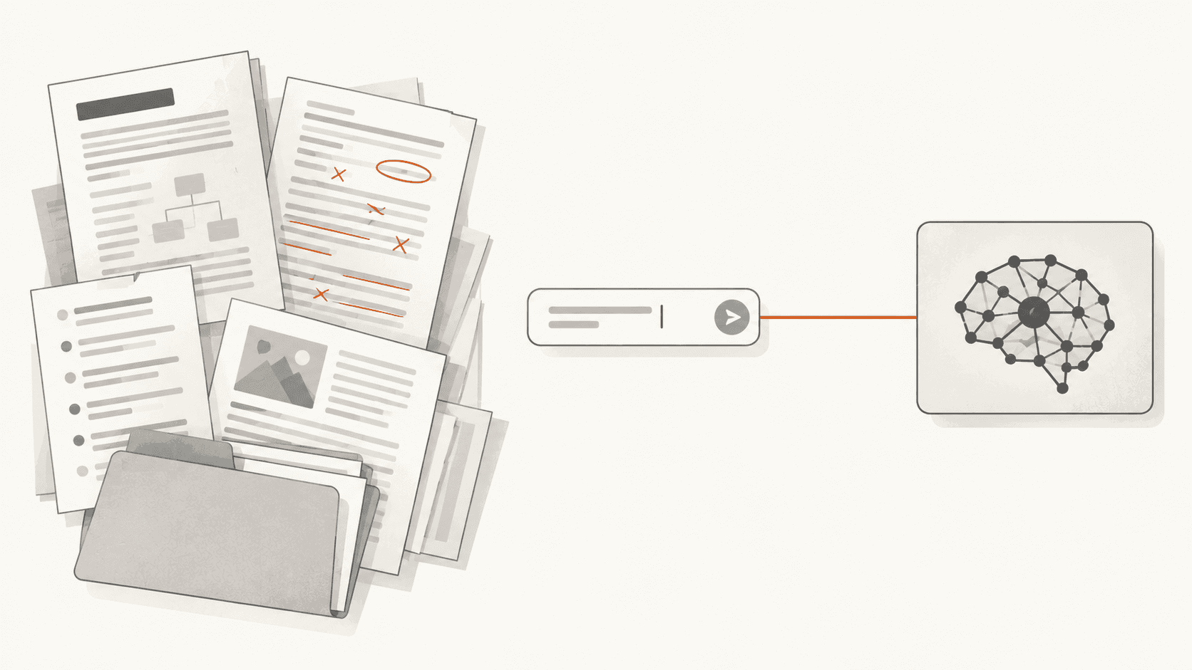 A large body of reference material on one side, a single-line chat input in the middle, and a narrow channel carrying only that one line across to a model panel.